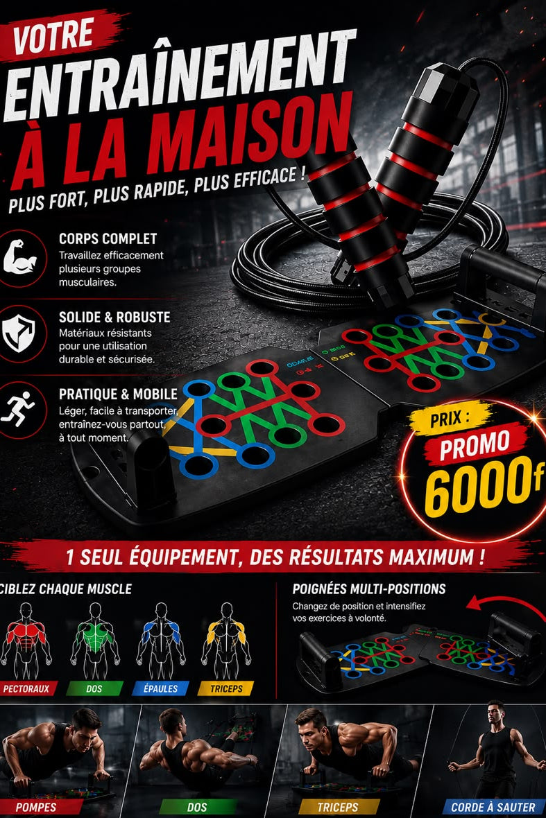 Prix : prix 6000f au lieu de 12000f  . 

Découvrez notre planche à pompe multifonction + corde à sauter. Tu peux te muscler à la maison.