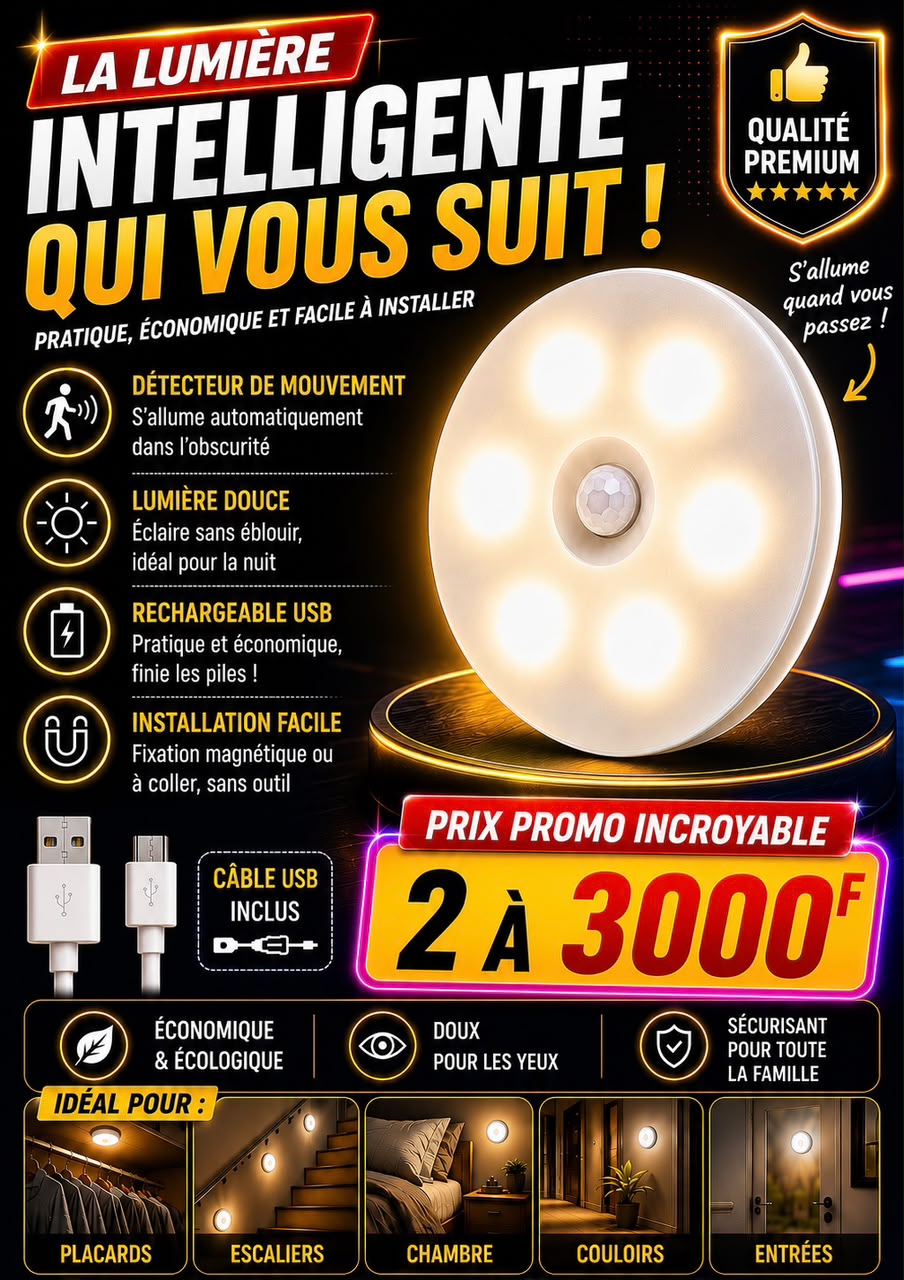 Prix :2 a 3000f au lieu de 8000f .   Veilleuse Led aste pas usb avec détecteur de mouvement, lampe sans fil pour armoire de cuisine, lampe de garde robe , lumière d'escalier.