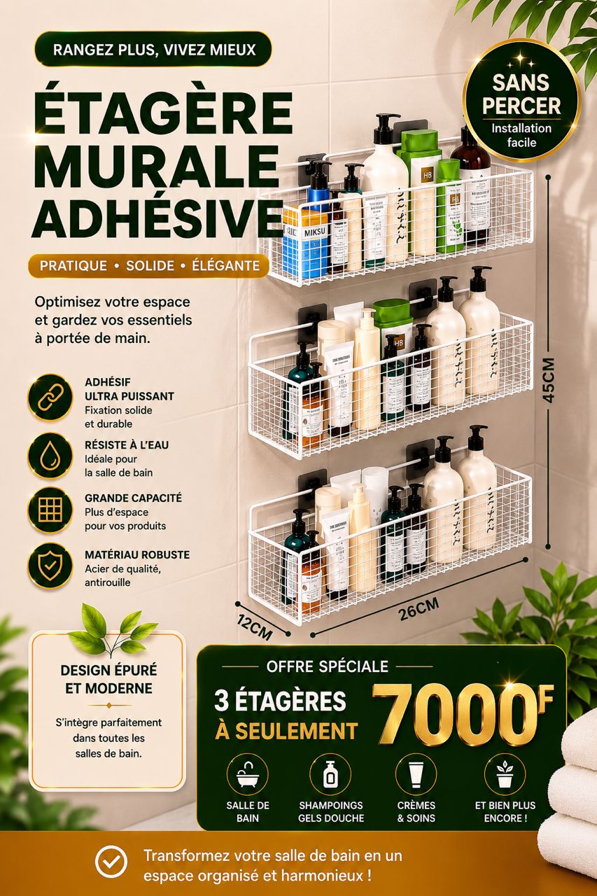 Prix : 3 à 7000f au lieu 11000f.          Organisateur de salle de bain multifonctionnel, étagère de salle de bain sans poinçon, support de rangement mural pour la salle de bain et cuisine.