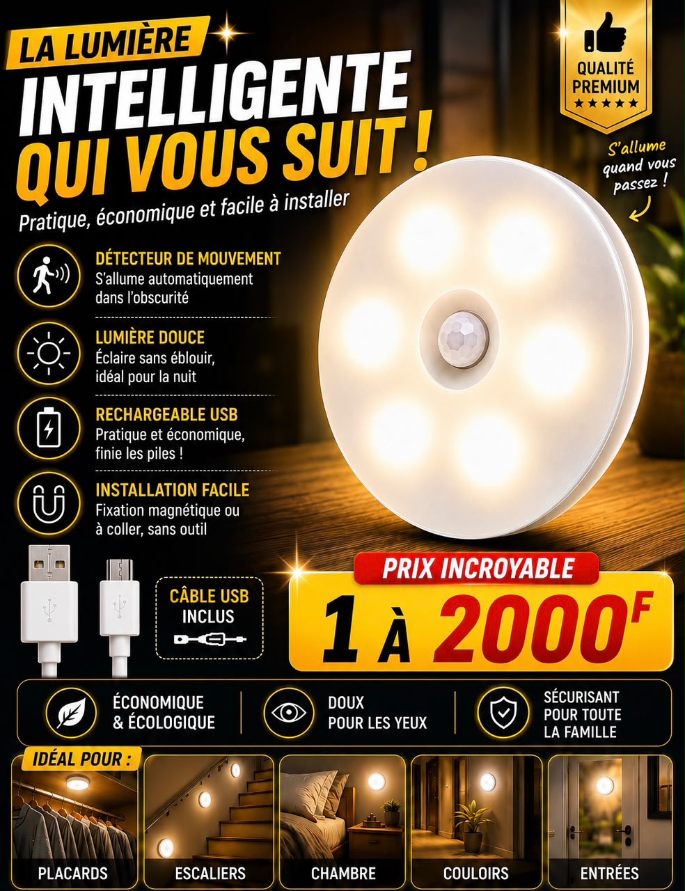 Prix : 1 à 2000f au lieu de 12000f . 

Veilleuse LED aste pas USB avec détecteur de mouvement , lampe sans fil pour armoire de cuisine, lampe de garde robe , lumière d’escalier.