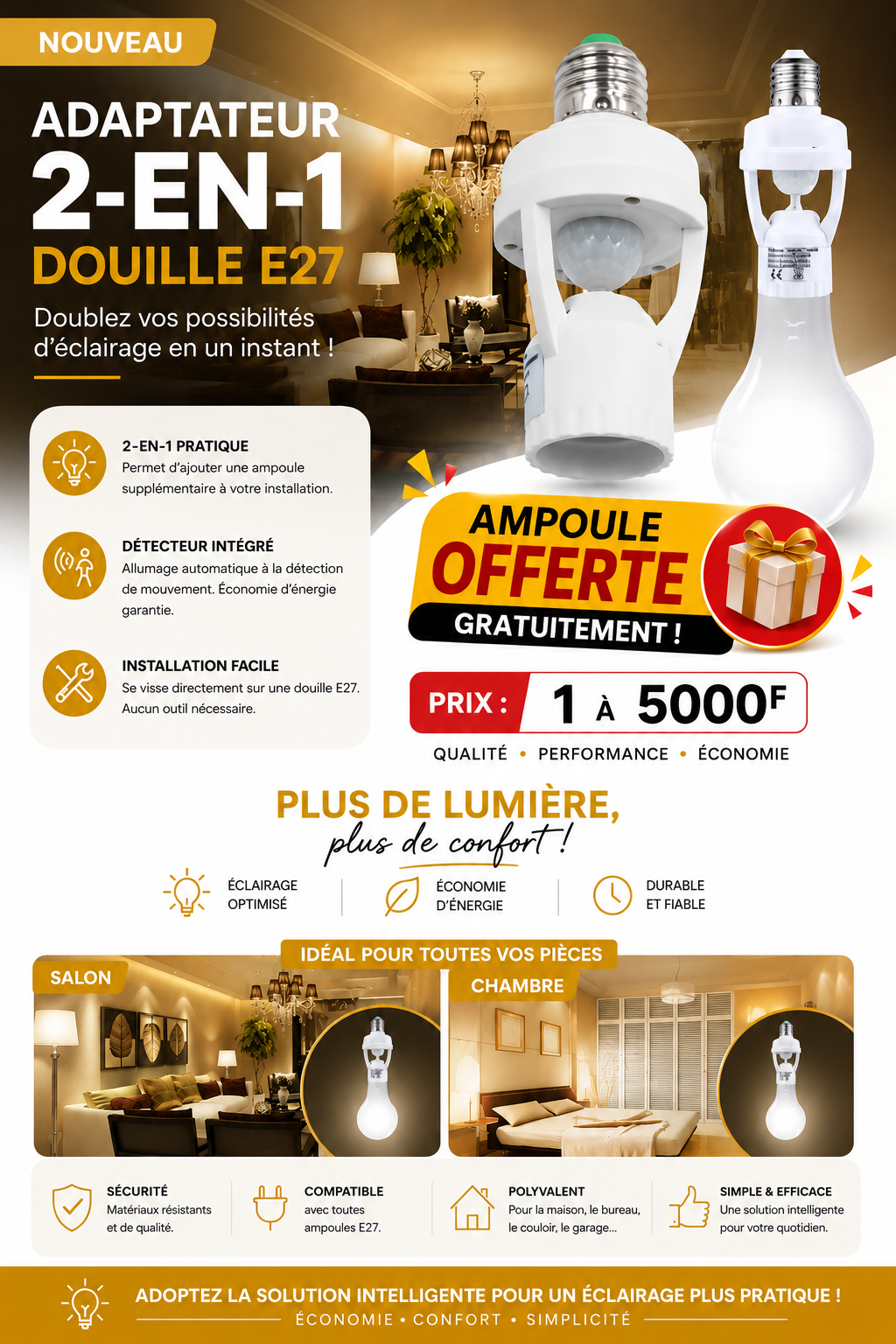 Prix : 5000f au lieu de 11000f .      Douille intelligente, avec détection infrarouge pour un allumage automatique et sécurisé de vos lampes. Facile à installer, cette douile optimise l'éclairage.