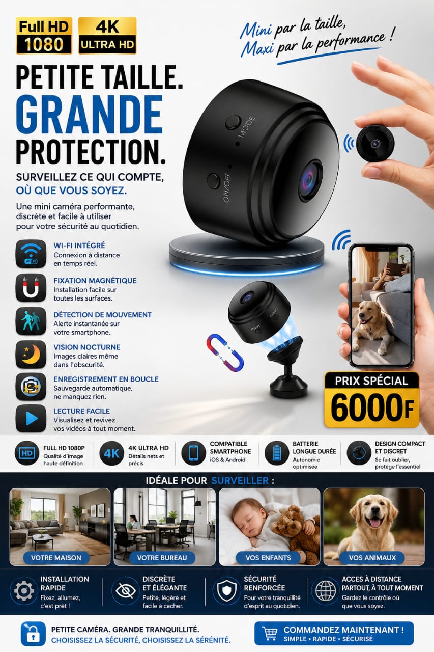 Prix : 6000f au lieu 11000f .              Mini camera, nouvelle technologie HD pour distance permanente 24h/24h. Code Qr dans la notice pour le télécharger l'application.