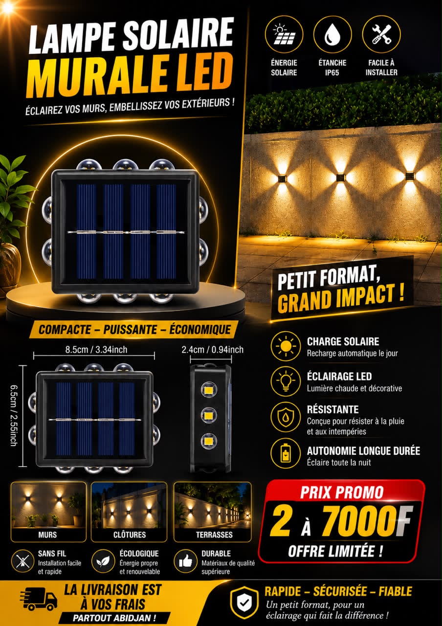 Prix : 2 a 7000f au lieu de 16000f .     Led murale solaire extérieur étanche haut et bas éclairage lumineux pour jardin, clôture décoration lumière du soleil.