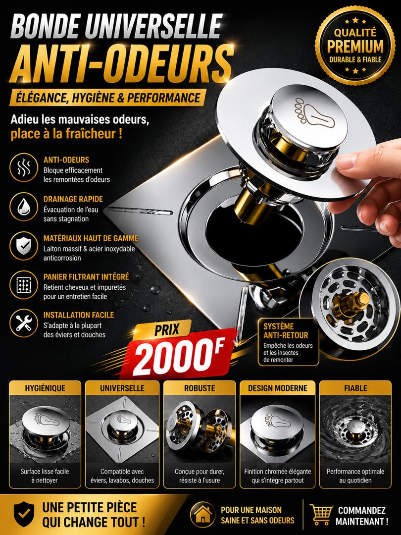 Prix : 2000f au lieu de 8000f .         Siphon de sol rond point à pieds escamotable, couvercle,  salle de douche, bouchon vidange à pousser vers le bas.