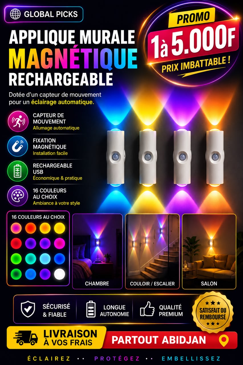Prix : 1 a 5000f au lieu de 9000f .       Lampe murale intelligente avec capteur de mouvement magnétique rechargeable pour chambre, salle de bains, placard, jardin et décoration intérieure.