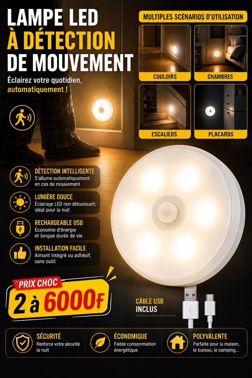 Prix : 2 à 6000f au lieu de 12000f . 

Veilleuse LED aste pas USB avec détecteur de mouvement , lampe sans fil pour armoire de cuisine, lampe de garde robe , lumière d’escalier.