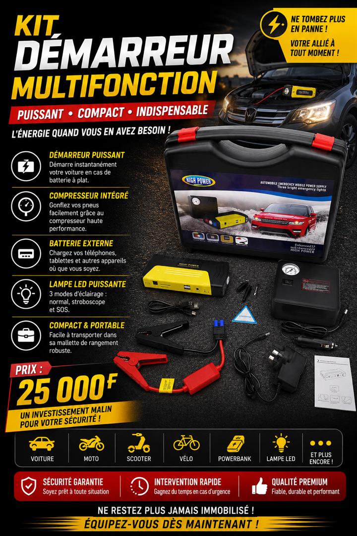 Prix : 25000F au lieu 58000f .         HIGH POWER 50800 mAh.             Démarreur d'urgence automobile en cas de batterie faible. Compresseur Pneu, power bank pour ordinateur, pour téléphone, Torche avec plusieurs modes.