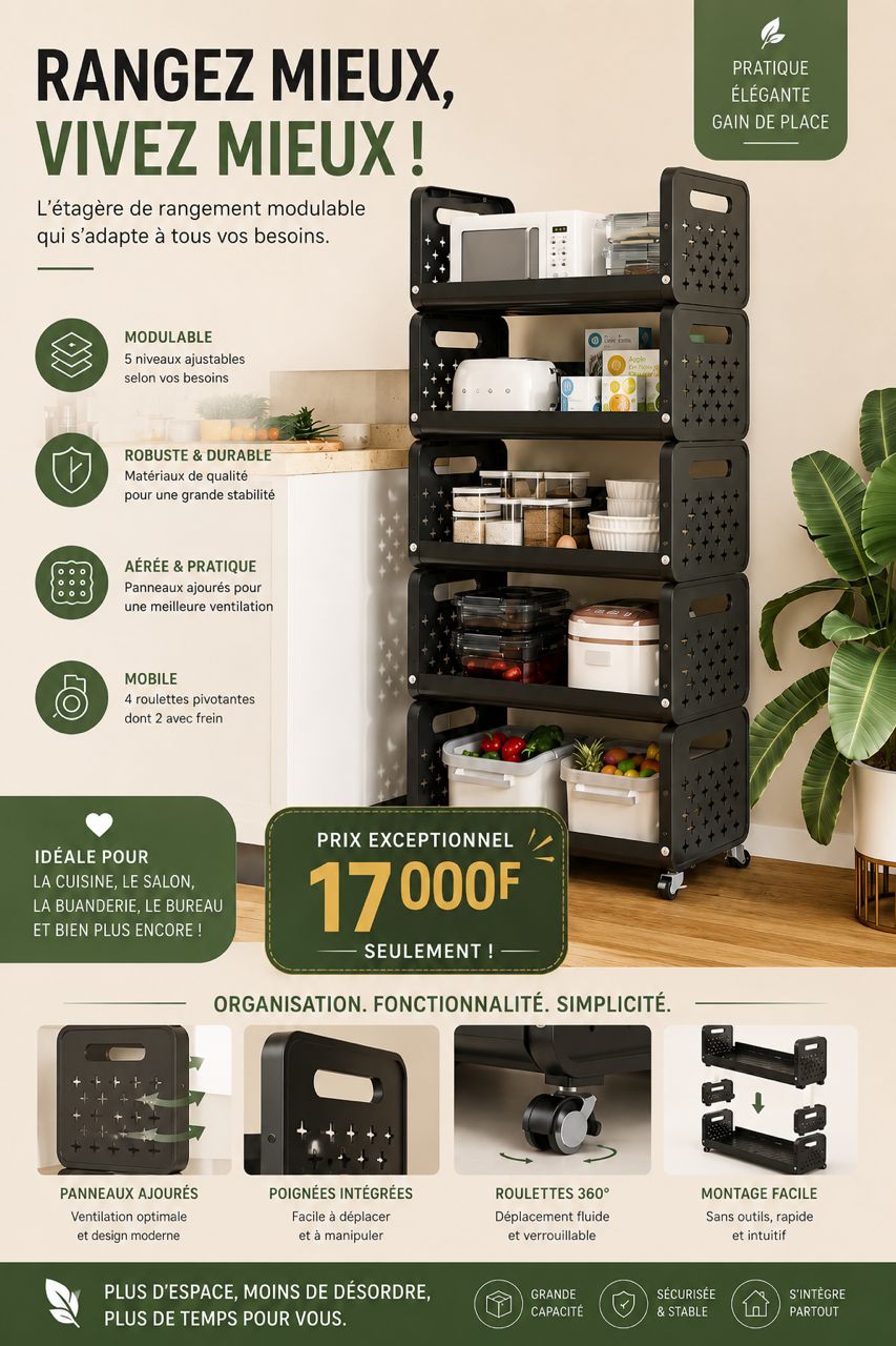 Prix: 17000f au lieu de 38000f.      Panier de cuisine support de rangement ménage, ajouter des fruits et légumes multi fonctionnel petit chariots ,multi étages, plancher debout mobile, démontable et métal.