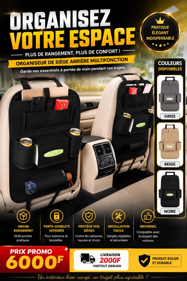 Prix : grande promo 1 à 6000f au lieu de 12000f . 

                                    
Nouveau sac de rangement pour siège de voiture , sacs suspendu pour dossier de siège , produits multifonctionnel pour le rangement dans les véhicules.