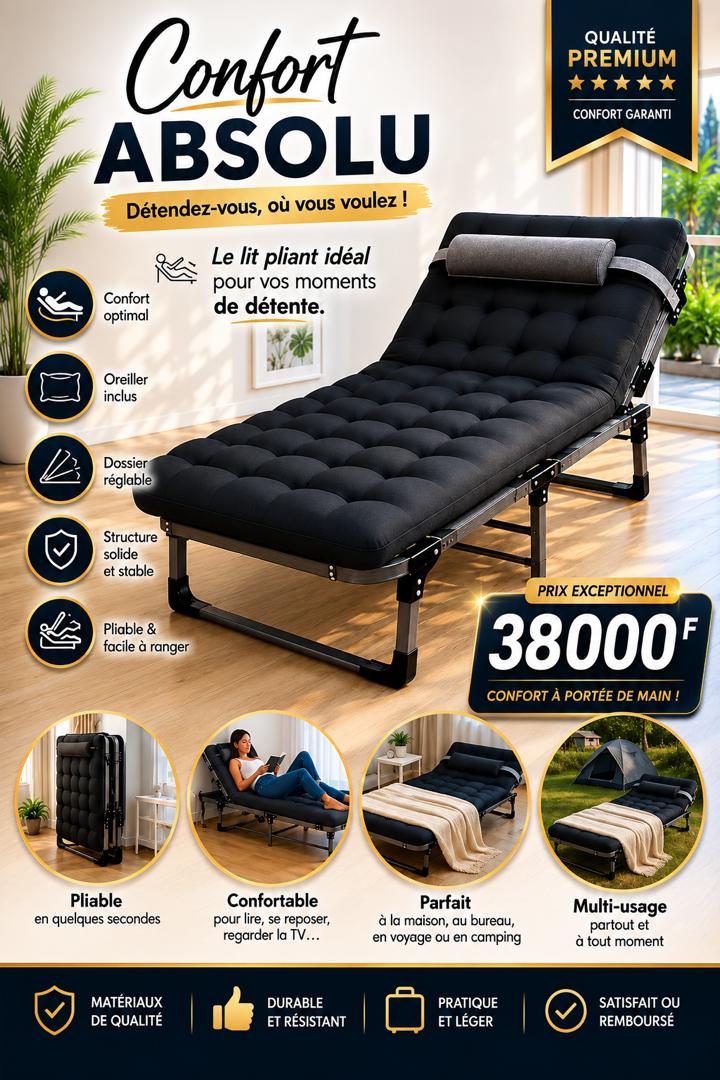 Prix : 38000f au lieu de 58000f .    Lit pickot orthopédique, confort et bien être. Offrez-vous un sommeil réparateur avec notre lit pickot, de haute qualité. Parfait pour le repos, les massages, les patients et camping.