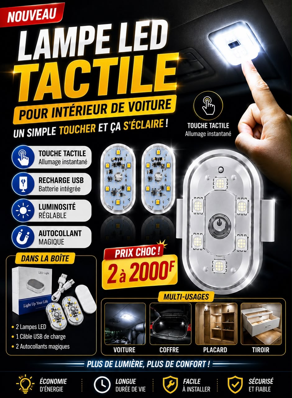 Prix : 2 à 2000f au lieu de 7000f . 

Lampes LED adhésives sans fil pour voiture, éclairage d’ambiance pour toit et pieds , éclairages LED intérieur de voiture , lumière tactile magnétique.
