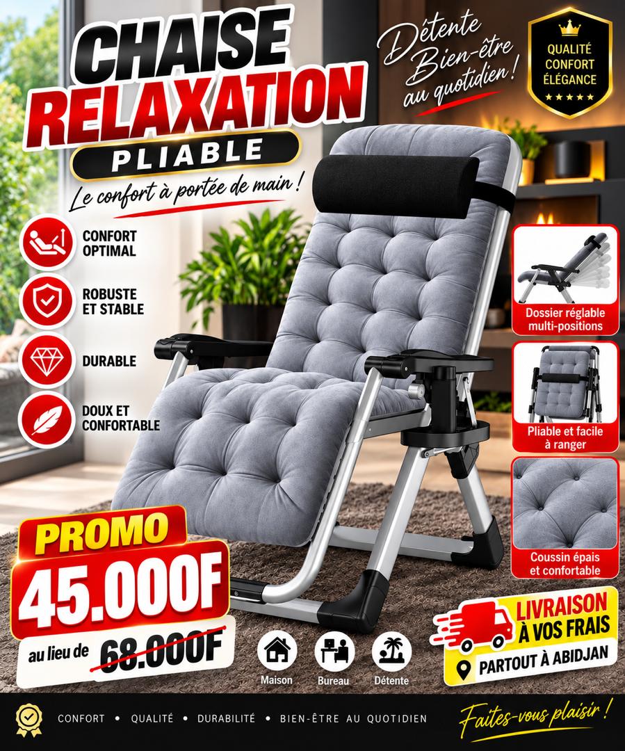 Prix : Promo 45000f au lieu de 68000f .

Profitez d'un maximum de confort à la maison avec notre chaise pliante robuste et confortable .

Mousse épaisse et confortable 
Structure solide et durable 
Facile à plier et à déplacer 
Chaise orthopédique
